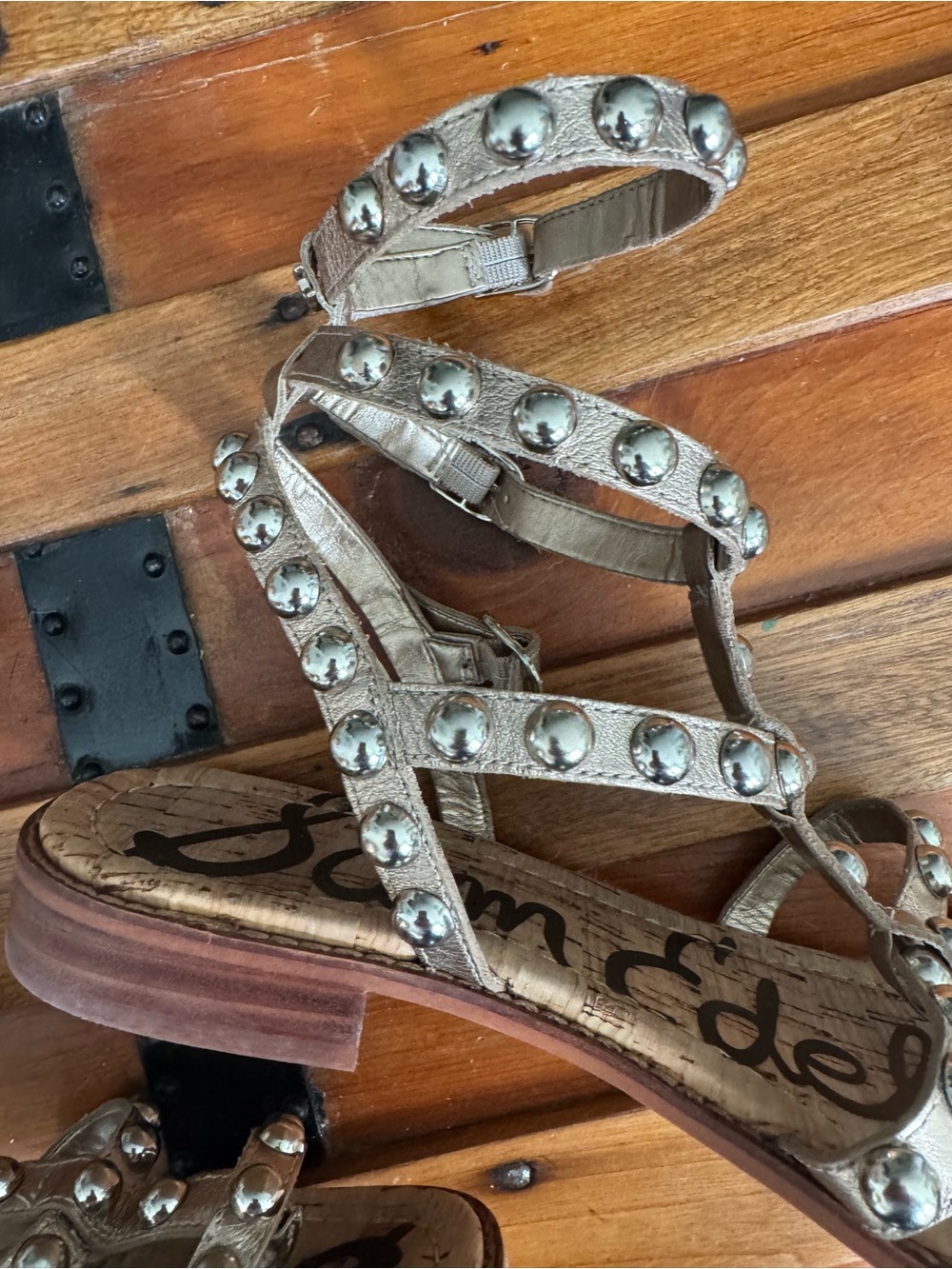 Sam Edelman Eavan Gold Leather Studded Gladiator Sandals - Picture 8 of 12